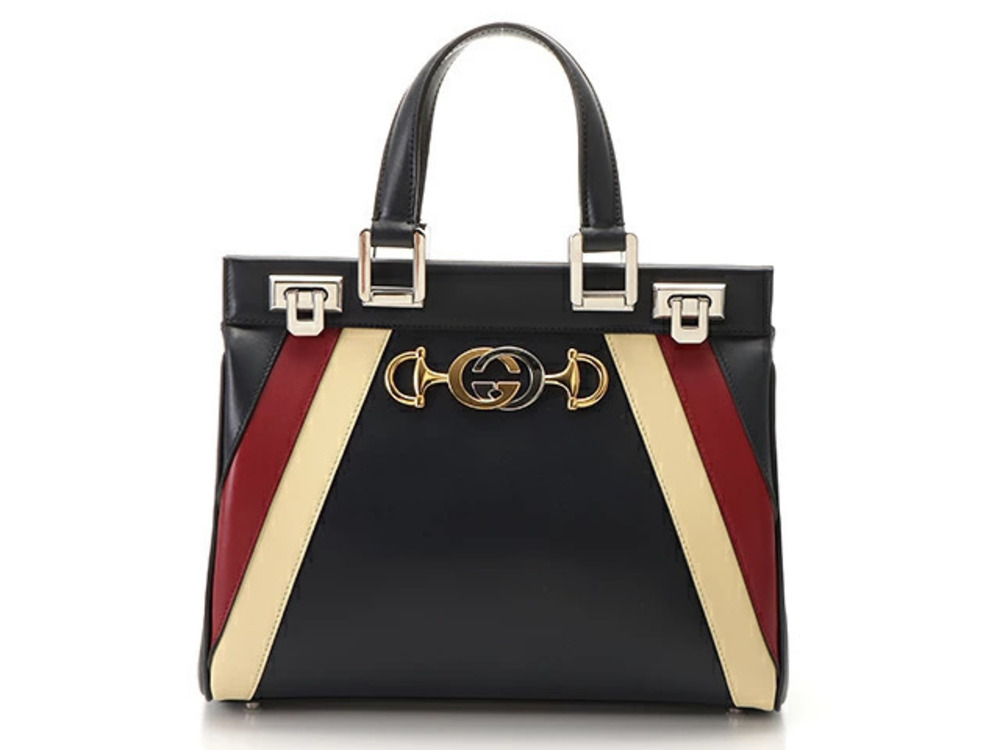 Gucci Zumi Top Handle Bag Navy Blue Red Ivory White Leather